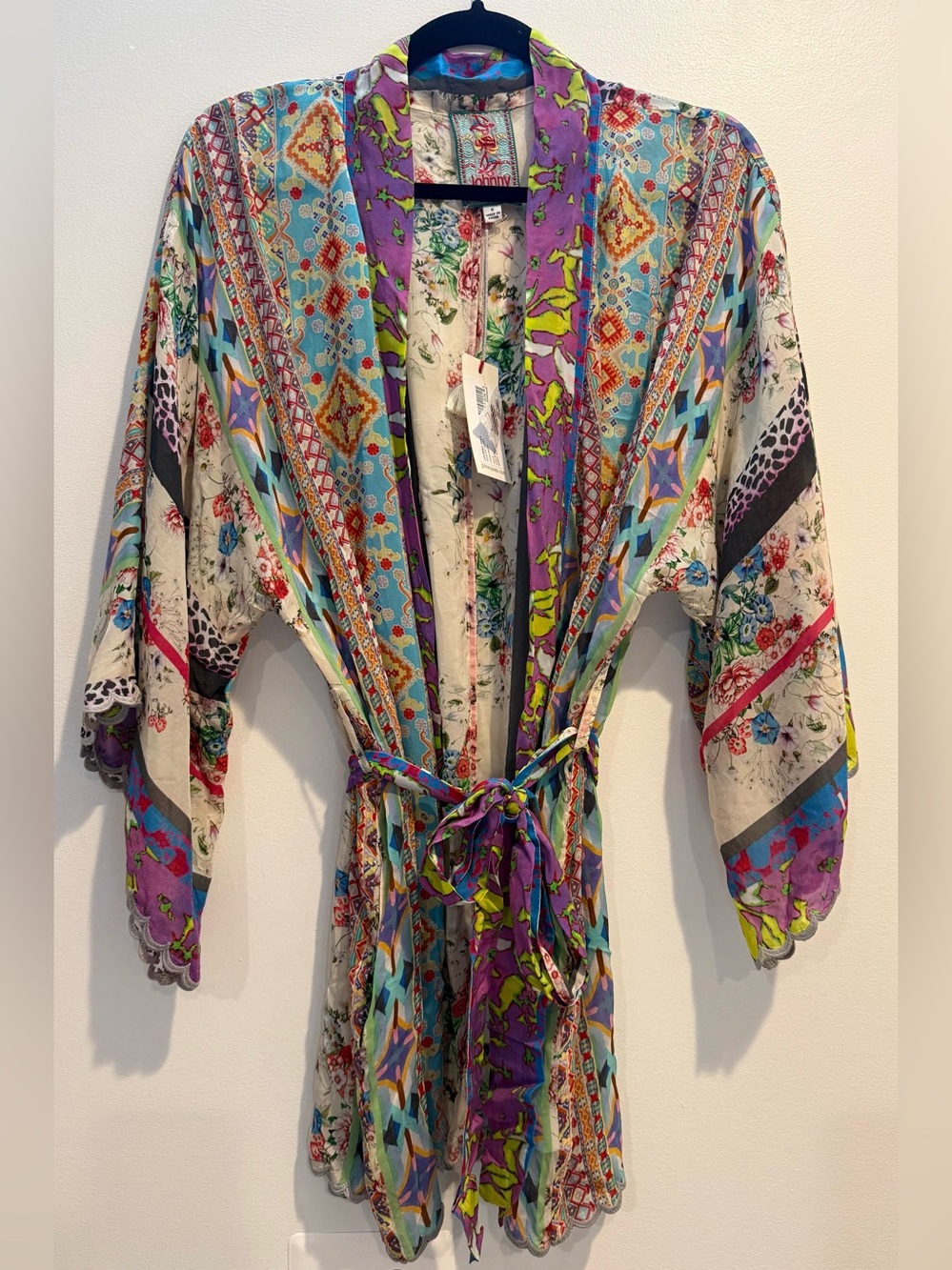 NWT Johnny Was Ariana Kimono Embroidered Multicolor Floral Pattern Tie Belt S